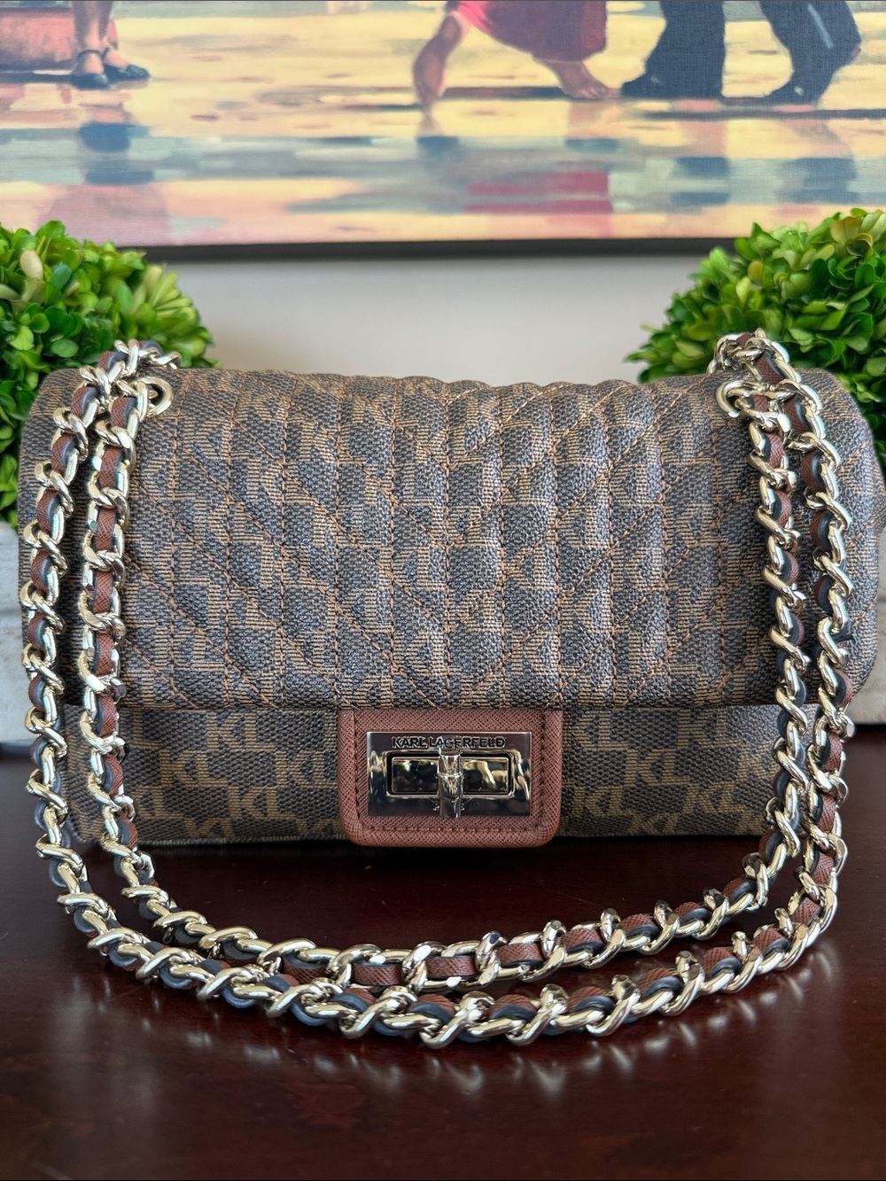 KARL LAGERFELD PARIS 🤎 BROWN 🤎 MONOGRAM QUILTED AGYNESS SHOULDER BAG 🌟EUC🌟 - Picture 7 of 17